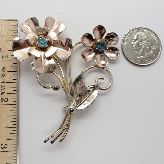 Vintage Sterling Vermeil Spray Flower Pin With Simulated