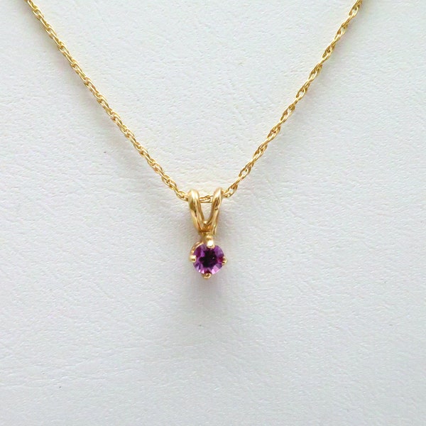 Classic Vintage New 14K Yellow Gold Round Purple/Reddish Sapphire  Necklace/ Pendant/ Drop/ 16” Rope Chain
