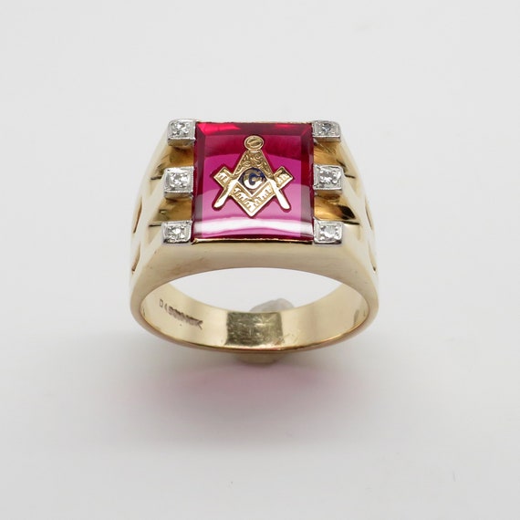 Vintage New Masonic Ring 10K Yellow Gold diamond ruby Red Glass Stone Inlaid With Masonic Emblem Art Deco Style size 10 1 2 8.5 Grams Etsy
