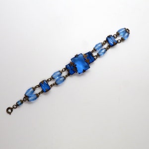 Vintage Art Nouveau Style 3/4&quot; Wide Bracelet set with an Array of Multi-Cut and Faceted Glass Simulated Sapphires & Other Blue Beads