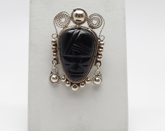 vintage Mexicain Sterling Silver Mayan / Aztec Carved Black Obsidian Tribal Mask Head Pin / Brooch