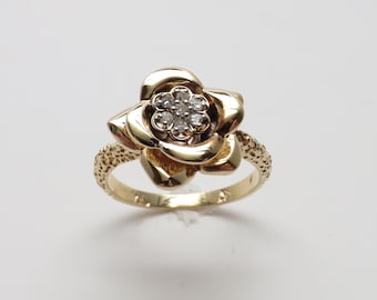 Pretty Vintage New Victorian Style 14K Yellow Gold Diamond Cluster Rose Statement Ring/ .10cts TW/ Size 6.25/ Weighs 3.61 grams