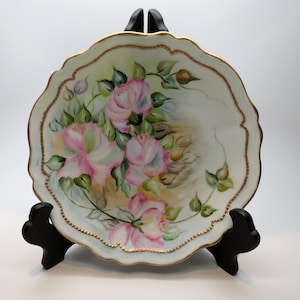 Beautiful Antique 1910 Victorian 6 3/4&quot; Hand Painted Pink Rose Plate/ Slight Scallop Edge/ Czech/ Austrian / O & EG