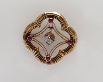 Antique 10K Yellow Gold Diamond & Imitation Ruby Pin / Brooch