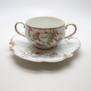 May include: A white porcelain teacup and saucer set with a floral pattern of pink carnations and green leaves. The cup has two handles and the saucer has a scalloped edge.