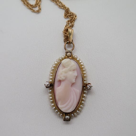 Antique Pink Shell Cameo Necklace surrounded by S… - image 1