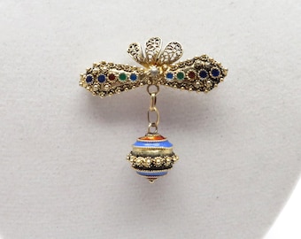 Joli vintage en filigrane or sur barre d’émail sterling avec dangle boule broche/Broche
