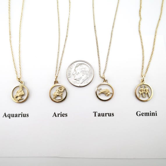 Vintage New Krementz Gold Overlay Petite 3D Disc Zodiac Necklace/ 15” Chain/ Weighs 1.35 Grams View 5