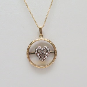 14K Yellow Gold Antique Victorian Band /Victorian Diamond Heart Stickpin in Center/ 1/5ct TW/ 16” Gold Chain/ 4.07 Grams