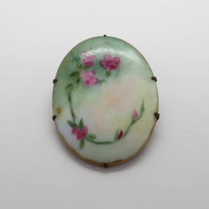 Pretty Vintage Porcelain Pin of Delicate Red Roses on Vine