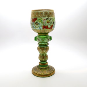 Ornate Antique 1880’s Bohemian Moser & Sohne / Lobmeyr Gilt Green Glass Hand Enamel 7 1/4&quot; Tall Goblet or Chalice