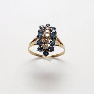 Stunning Vintage New 14K Yellow Gold Diamond & Sapphire Waterfall Cluster Statement Ring/ 1/5ct TW Diamonds/ Sz 7.25/ Weighs 2.7 grams