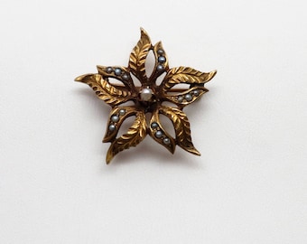 Beautiful Victorian Antique Seed Pearl Starburst Pin w/ Etched Leaves