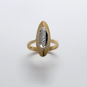 Pretty Vintage New 14K Yellow Gold  Long Oval / Marquise Shape Diamond Dinner/ Statement Ring /Size 6/ 4.8 Grams