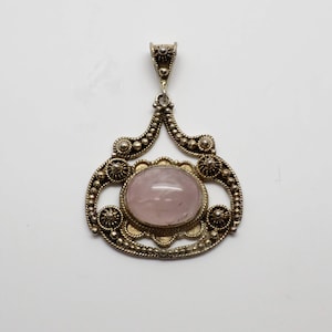 Beautiful Vintage Ornate Gold over Sterling Rose Quartz Pendant with Detailed Wire & Gold Beaded Design