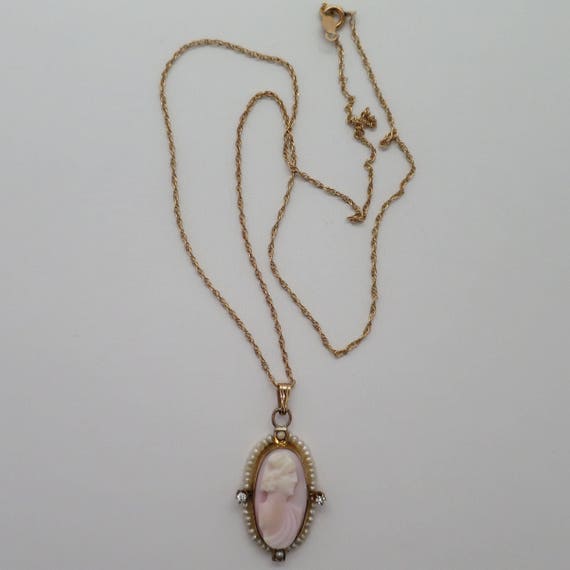 Antique Pink Shell Cameo Necklace surrounded by S… - image 2