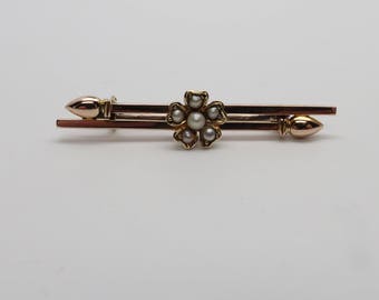 Gorgeous Antique Edwardian 14K Yellow Gold Pearl Flower Bar Pin / Brooch