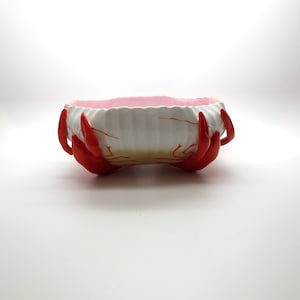 Unique Antique Figural 4 Red Lobster Footed Octagonal Serving Bowl/ Scalloped Design on Outside