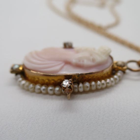 Antique Pink Shell Cameo Necklace surrounded by S… - image 5