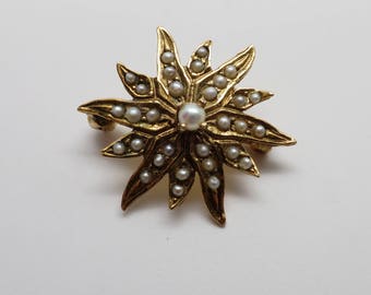 Antique 14K Yellow Gold Seed Pearl 1&quot; Starburst Pin / Brooch/ 2.8 Grams