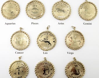 Vintage New Large 35mm Round Gold over Sterling Vermeil Zodiac Disc Pendant/ Rope Edge/ Choose Sign/ 8.72 Grams