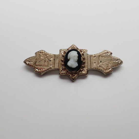 Victorian Engraved Bar Pin w/ Black & White Glass… - image 1