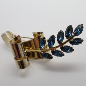 Beautiful Vintage Sterling Silver Vermeil Simulated Marquise Sapphire Frond Spray Pin/ Brooch 3&quot;