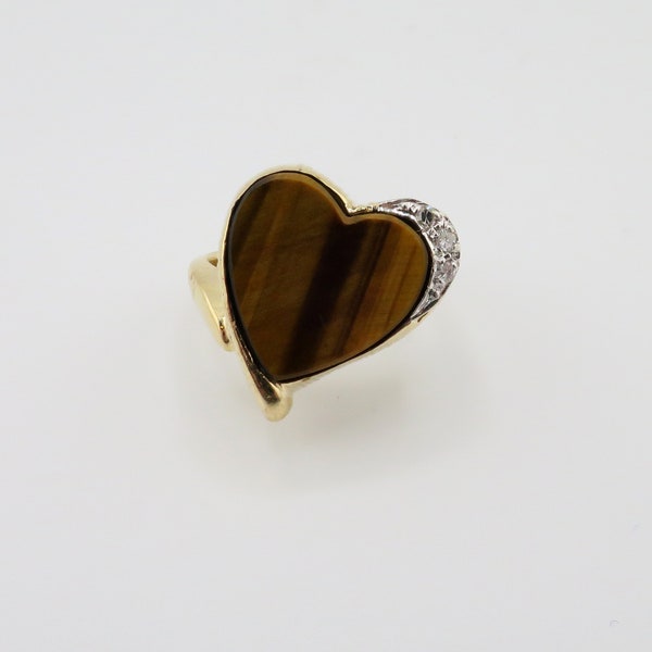 Stunning, Unique 14K Yellow Gold Heart Shaped Tigers Eye with Diamond Accent Statement Ring/ Size 6 1/8/ Weighs 6.57 Grams