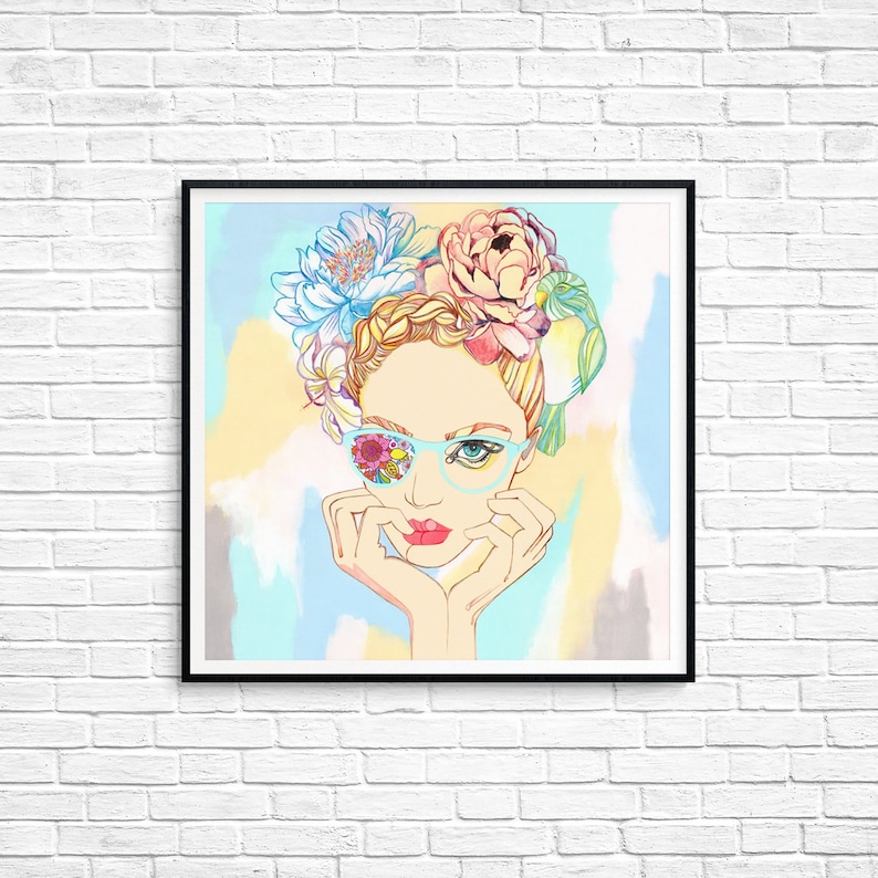 Pastel Color Art Girly Art Flowers Hair Braid Peony Lily Parrot Love Big Glasses Feminine Art Print Modern Wall Art Line Art