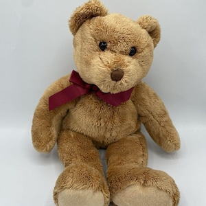 Könnte beinhalten: Ein brauner Plüschteddybär mit einer roten Schleife um den Hals. Der Bär sitzt auf einem weißen Hintergrund.