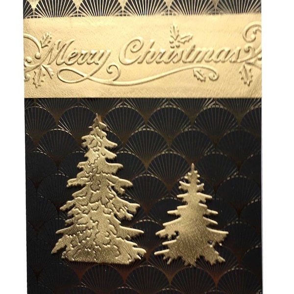 Contemporary Paper Christmas Card Handmade, Merry Christmas Greeting to Mail, For Family and Friends, Elegant Black and Gold, Holiday Trees