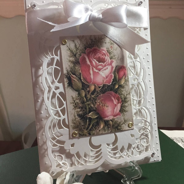 Unique Pink Vintage Roses Greeting Card with Intricate Detail, Birthday Present for Her, Memorably Beautiful Pink Floral Anniversary Card