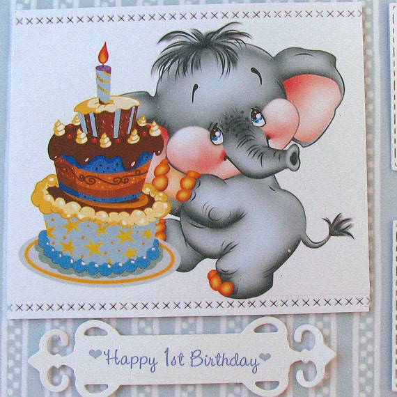 Birthday Card One Year Old Boy Baby Elephant 1st Birthday Blue Elephant Birthday Card First Birthday Gift Blue Elephant Digital Print