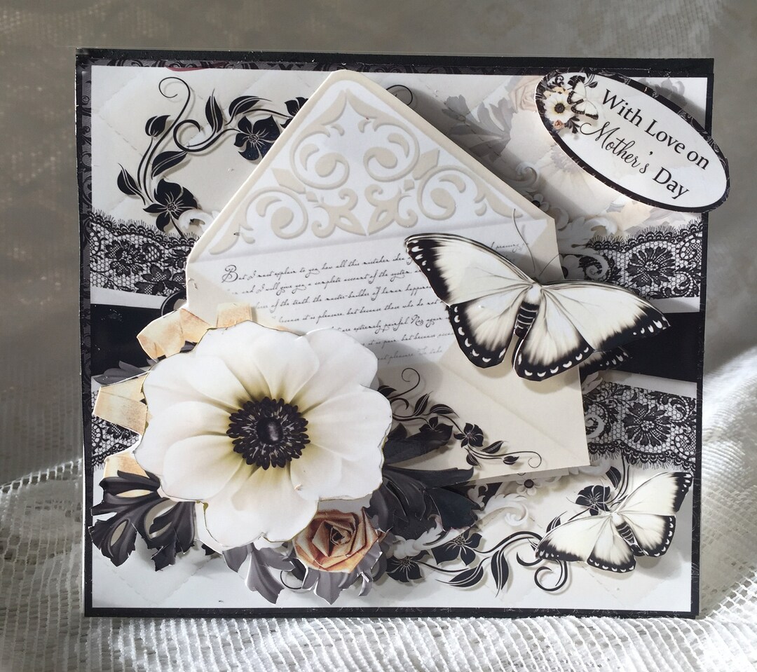 Butterflies Flowers Lace on Black and White Birthday Card, Special ...
