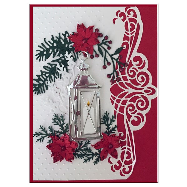 Handmade Silver Lantern with flickering Candle Christmas Card, Red Poinsettias and Winter Greenery Greeting, Classic Holiday Merry Christmas