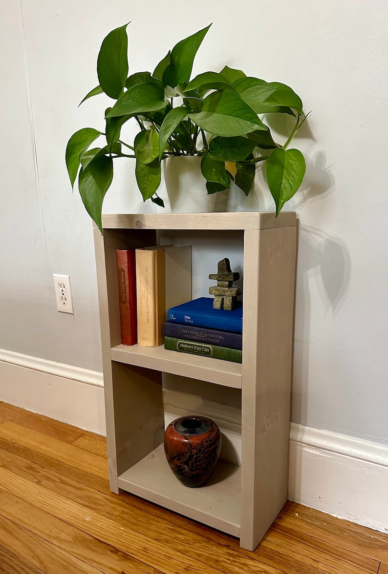 May include: A light gray wooden bookshelf with two shelves. The top shelf has three books and a small stone sculpture. The bottom shelf has a small, red and black ceramic vase. A potted plant sits on top of the bookshelf.
