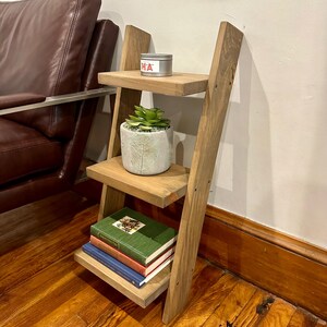 May include: A wooden ladder shelf with three shelves. The top shelf has a small silver tin with the word "HA" printed on it. The middle shelf has a small potted succulent plant. The bottom shelf has a stack of three books. The shelf is standing on a wooden floor.