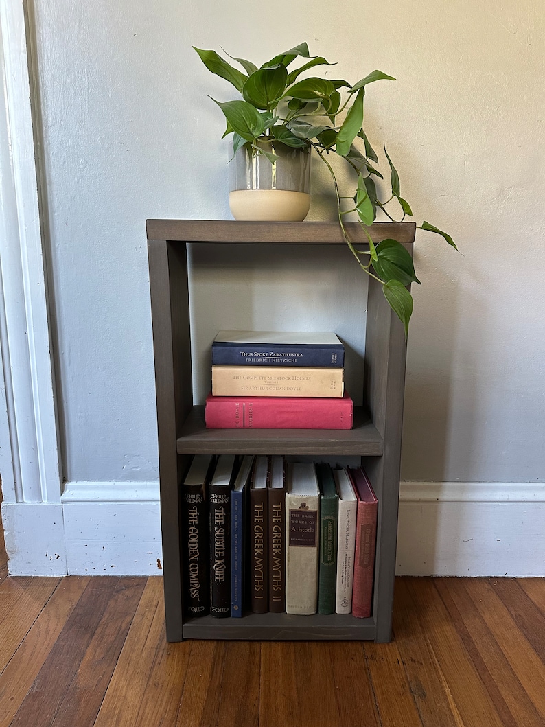 May include: A dark brown wooden bookshelf with two shelves. The top shelf has a stack of three books, the bottom shelf has a row of nine books. The books have titles like "The Golden Compass", "The Subtle Knife", and "The Greek Myths". A potted plant with green leaves sits on top of the bookshelf.