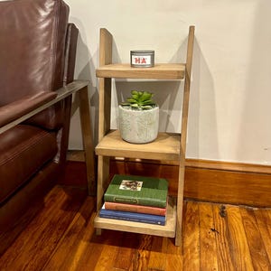 May include: A wooden ladder shelf with three shelves. The top shelf has a small tin can with the word "HA" printed on it. The middle shelf has a small potted succulent plant. The bottom shelf has a stack of three books. The shelf is standing on a wooden floor.