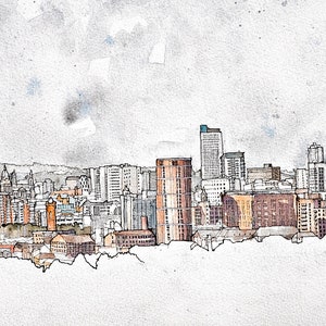 Impresión artística en acuarela del horizonte de la ciudad de Leeds (enmarcada) Entrega GRATUITA a los códigos postales de Leeds *Se aplican términos y condiciones; consulte a continuación