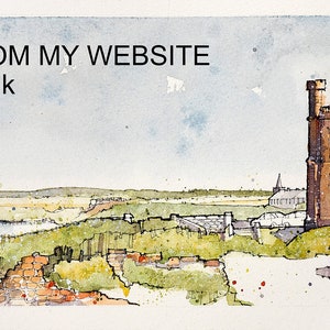 May include: Watercolour painting of a large, yellow-brown house with multiple windows and a stone wall in front. The house is on a cliff overlooking a sandy beach and ocean. The text "PLEASE PURCHASE FROM MY WEBSITE www.GrahamReynard.co.uk" is at the top of the image.