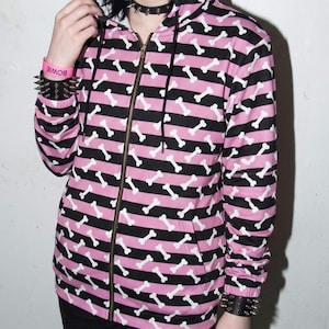 Y2K Scenecore Pink & Black Striped Bone Hoodie | 2000s Emo Zip Up Jacket | Mall Goth Alternative Fashion | MySpace Era Scene Kid Clothing