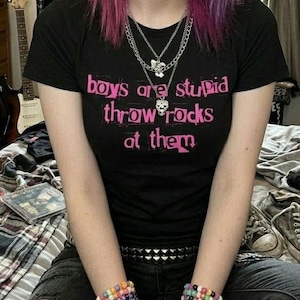 Boys Are Stupid Y2K Shirt | Scene Clothes Emo Graphic Tee | Mall Goth Streetwear | Alt Clothing | Pastel Grunge Cyberpunk Baby Tee