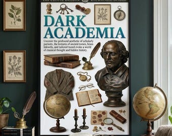 Dark Academia Aesthetic poster | Wetenschappelijke kunst | Klassieke literatuur | Tweed blazer | Leren dagboek | Inktpot | Shakespeare | Wereldbol | 24 x 36