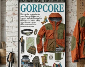 Gorpcore esthetische poster | Pragmatische technische uitrusting | Outdooravontuur | Stadsverkenner | Wandelschoenen | Nalgene | Karabijnhaak | 24 x 36 kunstafdruk