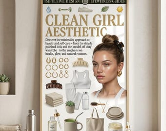 Clean Girl Aesthetic poster | Minimalistische wellnessprint | Stralende huid | Zelfzorg | Jeugdcadeau voor moeder | Gouden oorringen | 24 x 36