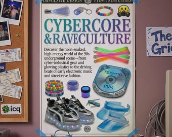 Esthetische cybercore-poster | Ravecultuur | Jaren 90 underground | Neongloed | Technomix | LED-schoenen | Doorschijnend vizier | 24 x 36 kunstafdruk