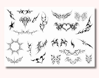 May include: A sheet of black temporary tattoos featuring various tribal-inspired designs, including hearts, stars, wings, and abstract pointed shapes. The collection consists of multiple individual motifs arranged across a white rectangular background.