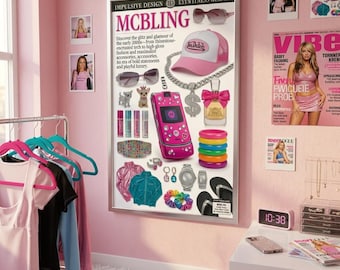 McBling esthetische poster | Popcultuur uit de jaren 2000 | Glitterglamour | Strasstechnologie | Truckerpet | Velours trainingspak | 24 x 36 roze kunstafdruk