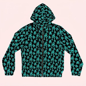 Y2K Scene Kid Teal Skull Zip Up Hoodie | Emo MySpace Era Crossbones Sweater | Mall Goth Alt Punk Jacket | 2000s Nostalgia Outerwear